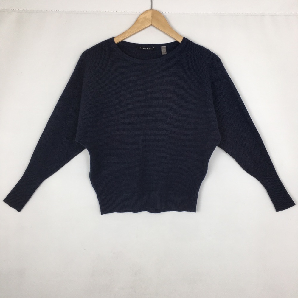 Tahari Waffle Knit Sweater Blue Batwing Long Sleeve Women’s Size SP